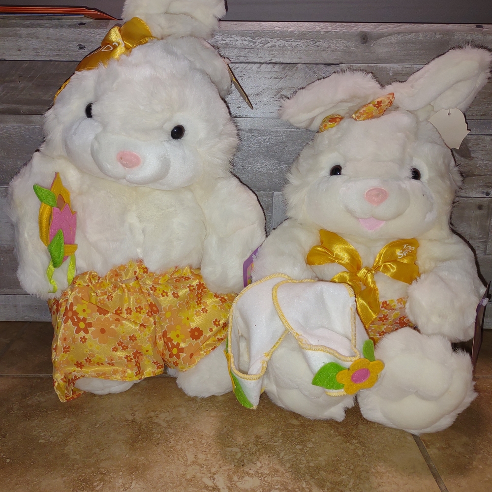 Pair of White Easter Bunny Plush Dolls with Yellow Accents